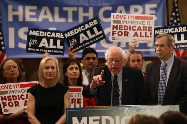 Bernie Sanders speaks while introducing health care legislation titled the &quot;Medicare for All Act of 2019&quot; with Sen. Kirsten Gillibrand (left).